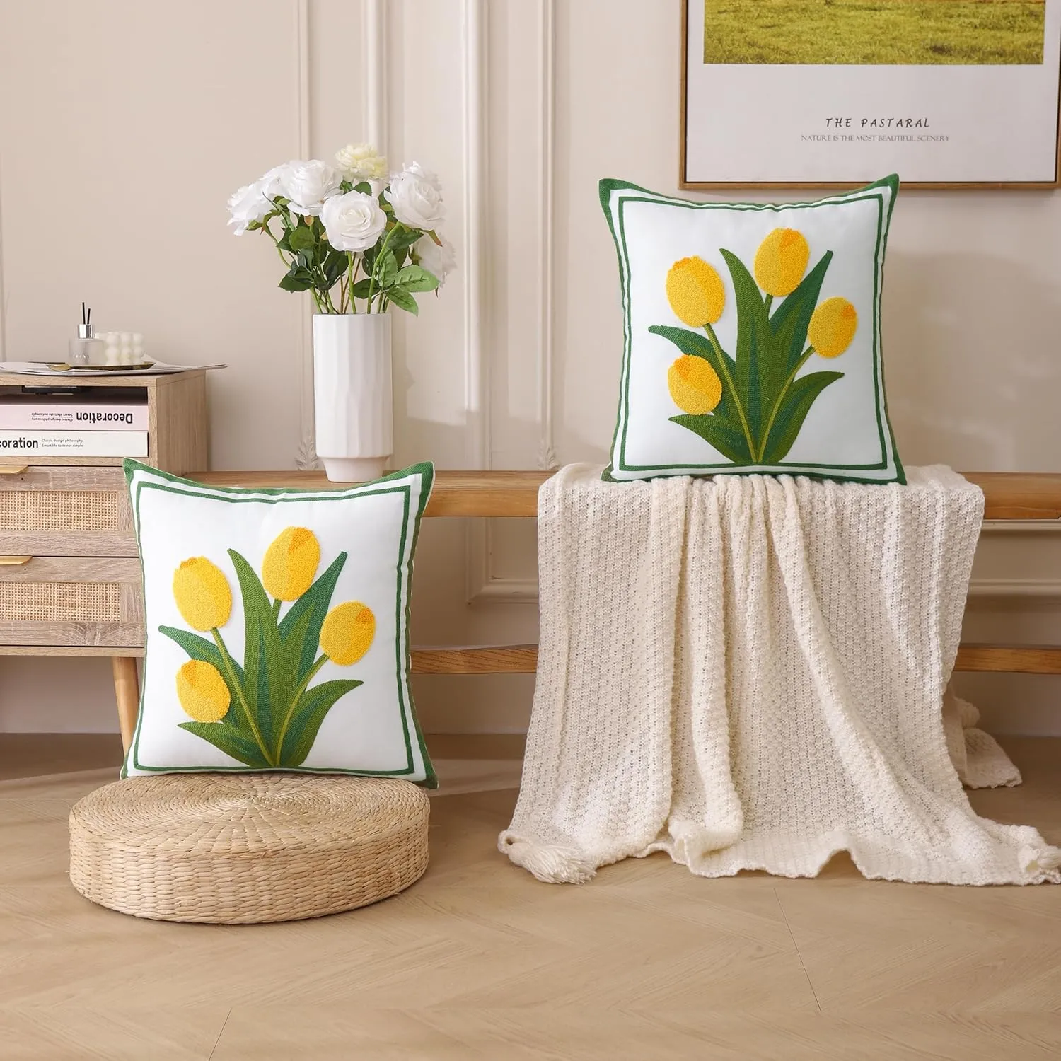 LUOYEHK Embroidered Throw Pillow Cover 18x18 Inch Set of 2 Farmhouse Floral Square Pillowcase Spring Canvas Cushion Covers for Living Room Sofa Bed (Yellow Tulip)