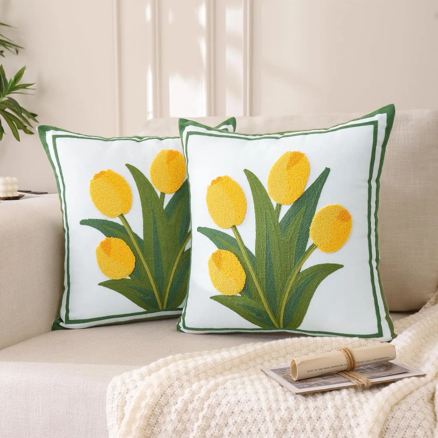 LUOYEHK Embroidered Throw Pillow Cover 18x18 Inch Set of 2 Farmhouse Floral Square Pillowcase Spring Canvas Cushion Covers for Living Room Sofa Bed (Yellow Tulip)