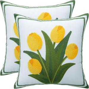 LUOYEHK Embroidered Throw Pillow Cover 18x18 Inch Set of 2 Farmhouse Floral Square Pillowcase Spring Canvas Cushion Covers for Living Room Sofa Bed (Yellow Tulip)