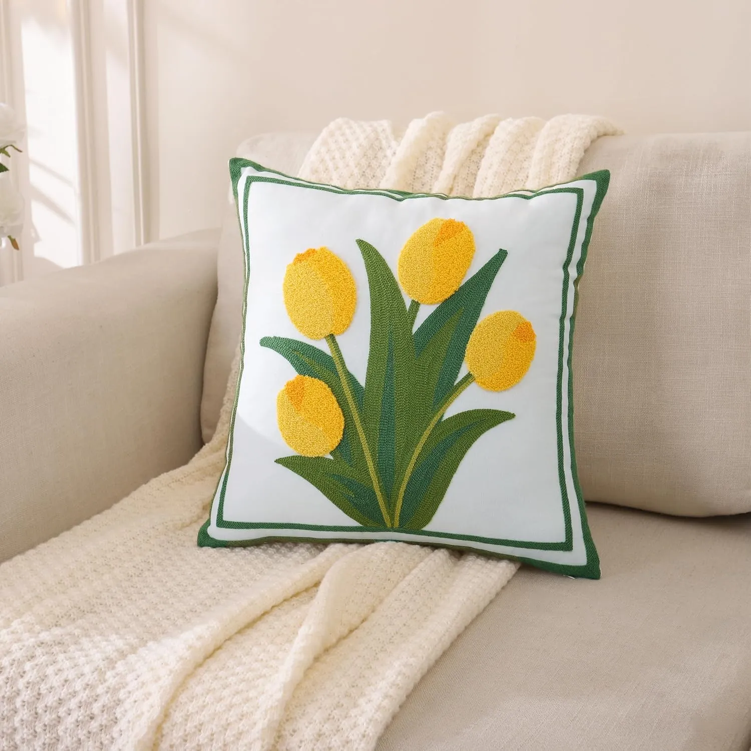 LUOYEHK Embroidered Throw Pillow Cover 18x18 Inch Set of 2 Farmhouse Floral Square Pillowcase Spring Canvas Cushion Covers for Living Room Sofa Bed (Yellow Tulip)