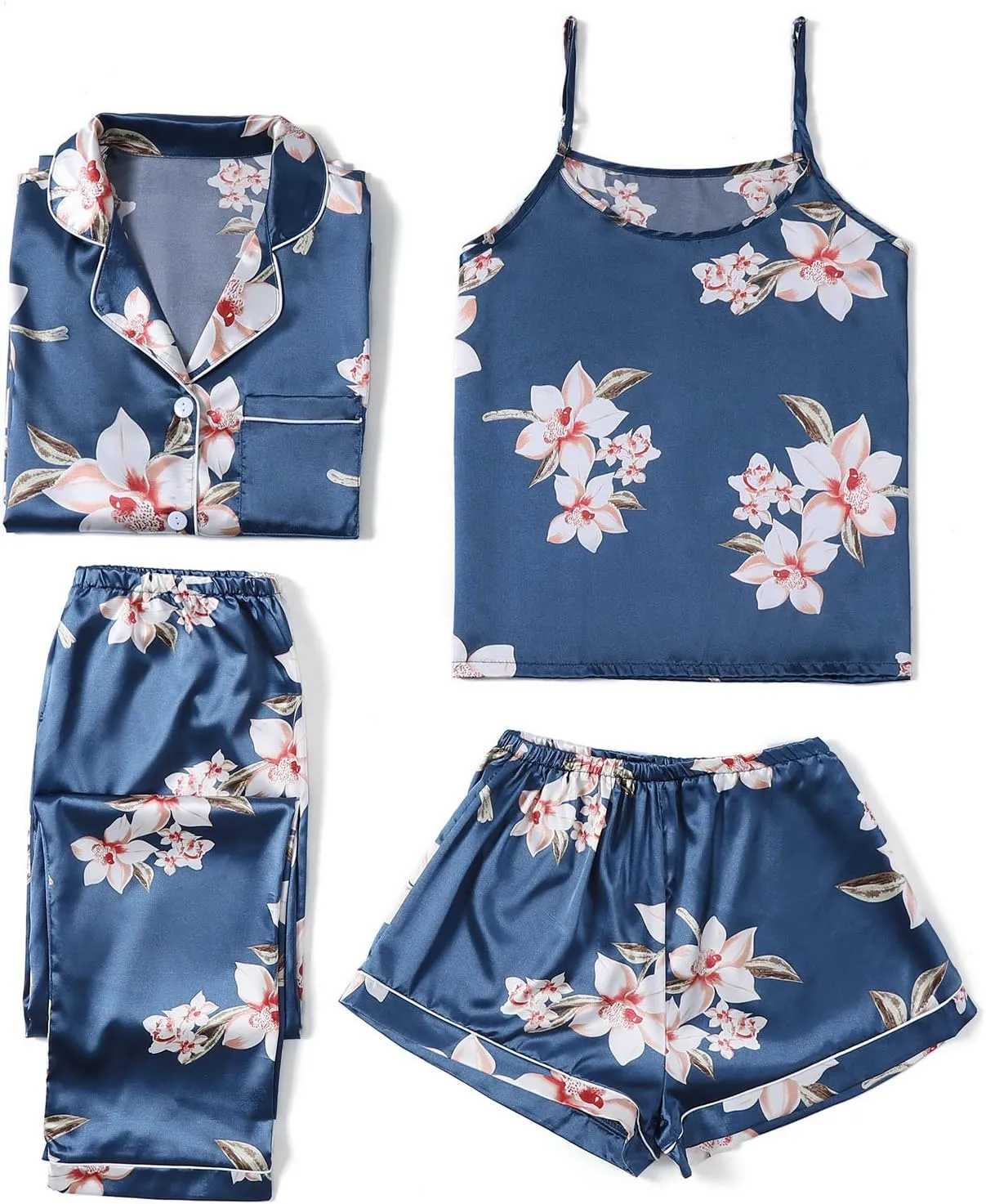 LYANER Women's Pajamas Set 4 pcs Satin Silk Cami Top Button Down Loungewear Pjs Set