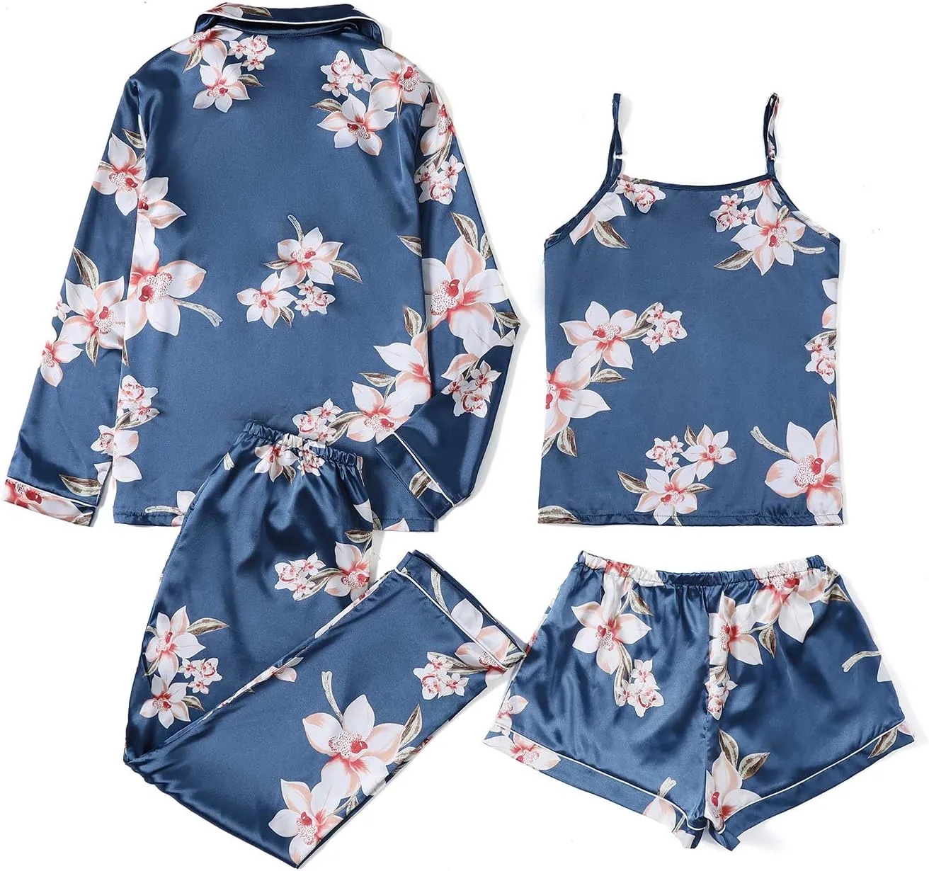 LYANER Women's Pajamas Set 4 pcs Satin Silk Cami Top Button Down Loungewear Pjs Set