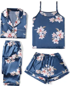 LYANER Women's Pajamas Set 4 pcs Satin Silk Cami Top Button Down Loungewear Pjs Set
