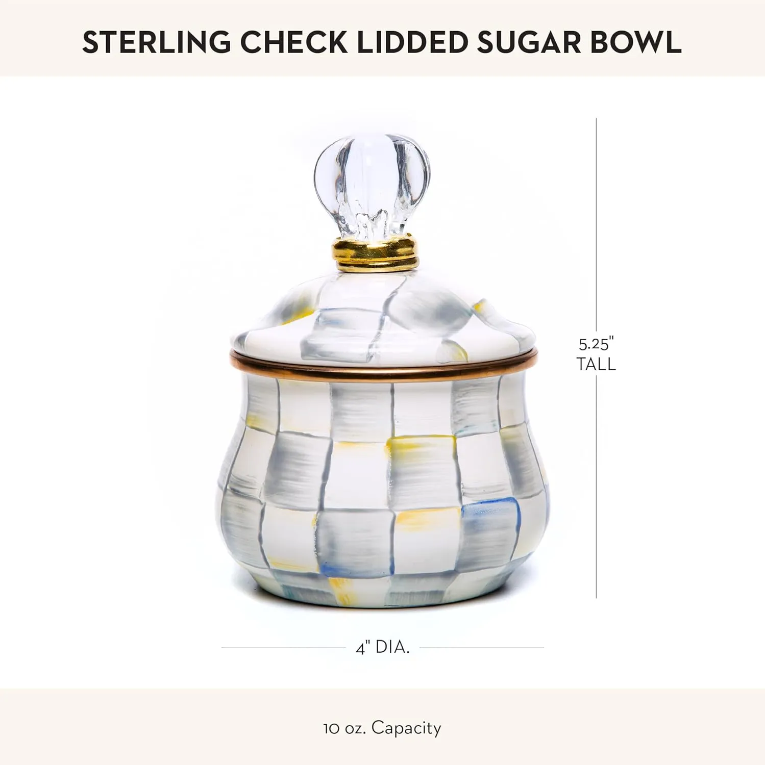 MACKENZIE-CHILDS Enamel Lidded Sugar Bowl, Small Serving Bowl with Lid, 10-Ounce Capacity, Gray-and-White Sterling Check