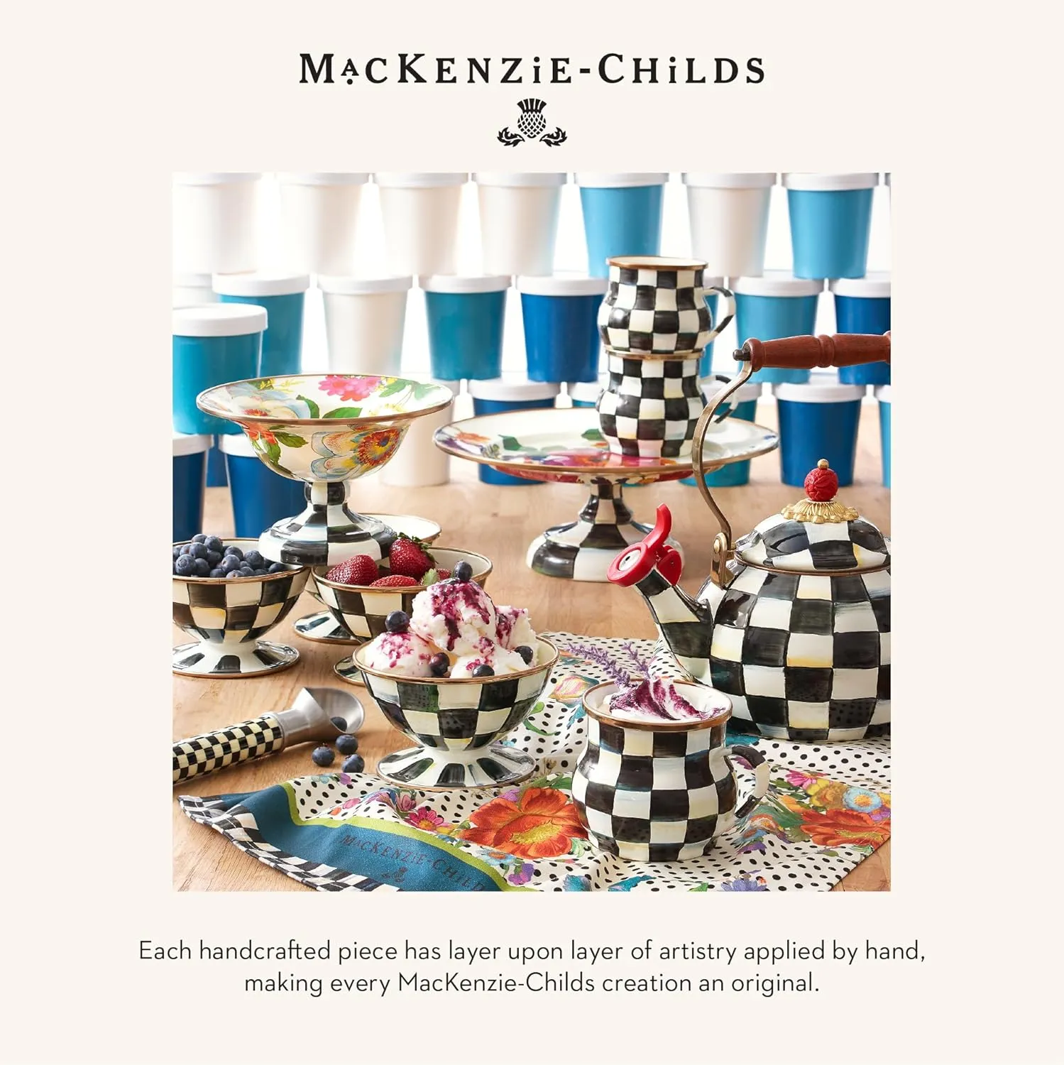 MACKENZIE-CHILDS Enamel Pedestal Platter, Round Cake Stand, Mini White Flower Market