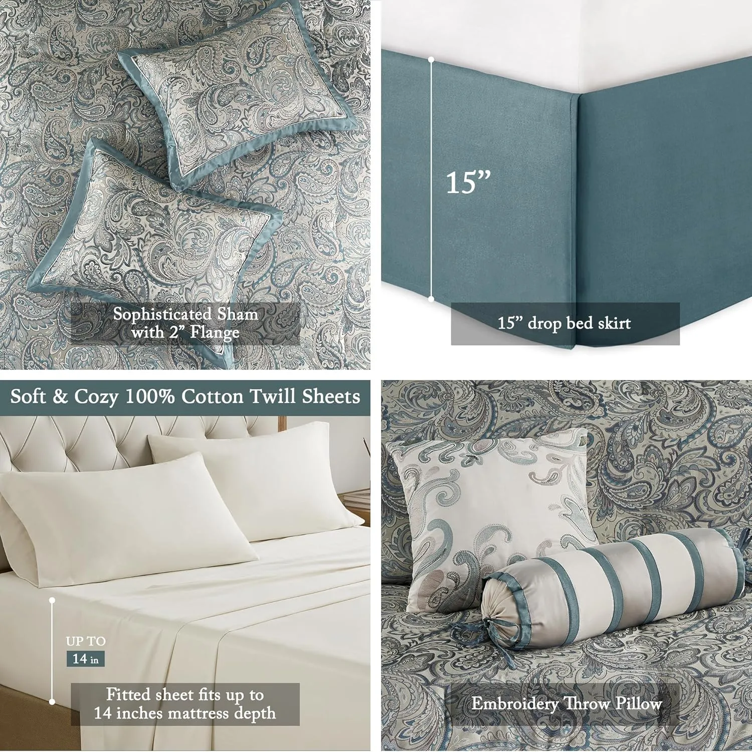 Madison Park Aubrey Cozy 12 Piece Comforter Set & Sheet, Luxe Faux Silk Jacquard Paisley Design - All Season Down Alternative Bedding with Cotton Bed Sheets, Bedskirt, Toss Pillows, King Teal