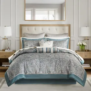 Madison Park Aubrey Cozy 12 Piece Comforter Set & Sheet, Luxe Faux Silk Jacquard Paisley Design - All Season Down Alternative Bedding with Cotton Bed Sheets, Bedskirt, Toss Pillows, King Teal