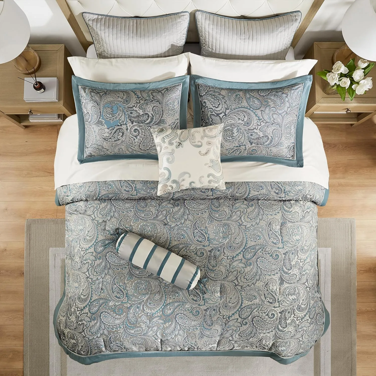 Madison Park Aubrey Cozy 12 Piece Comforter Set & Sheet, Luxe Faux Silk Jacquard Paisley Design - All Season Down Alternative Bedding with Cotton Bed Sheets, Bedskirt, Toss Pillows, King Teal