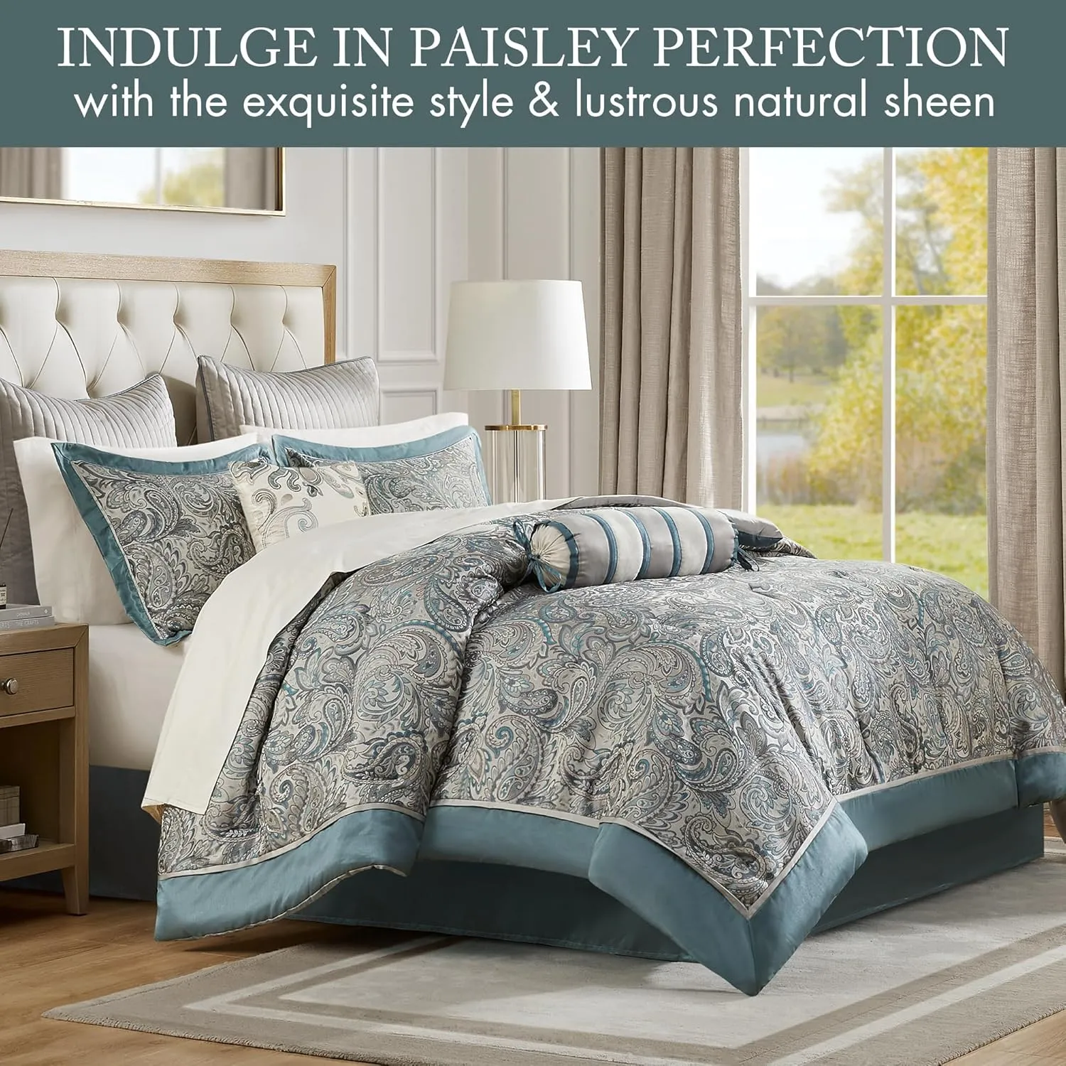 Madison Park Aubrey Cozy 12 Piece Comforter Set & Sheet, Luxe Faux Silk Jacquard Paisley Design - All Season Down Alternative Bedding with Cotton Bed Sheets, Bedskirt, Toss Pillows, King Teal