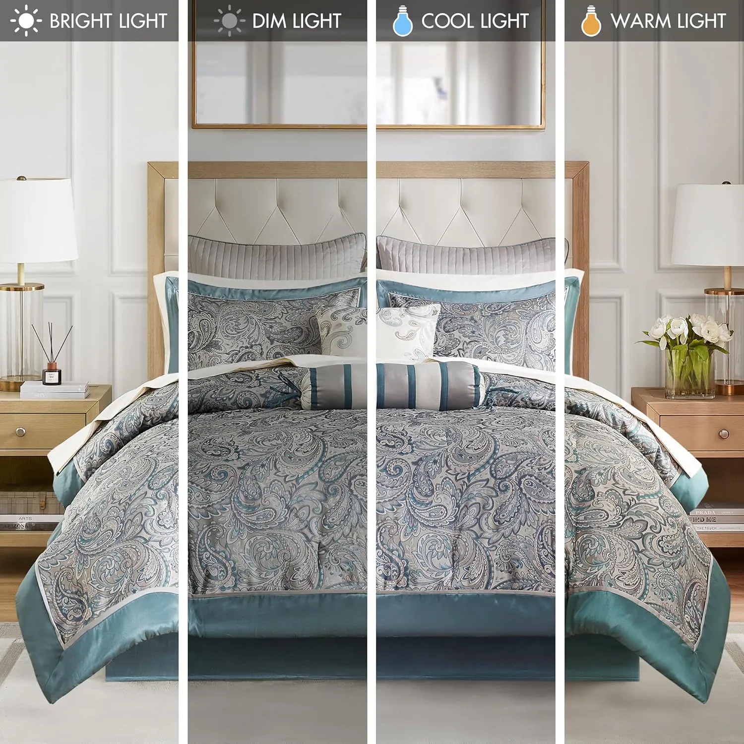 Madison Park Aubrey Cozy 12 Piece Comforter Set & Sheet, Luxe Faux Silk Jacquard Paisley Design - All Season Down Alternative Bedding with Cotton Bed Sheets, Bedskirt, Toss Pillows, King Teal