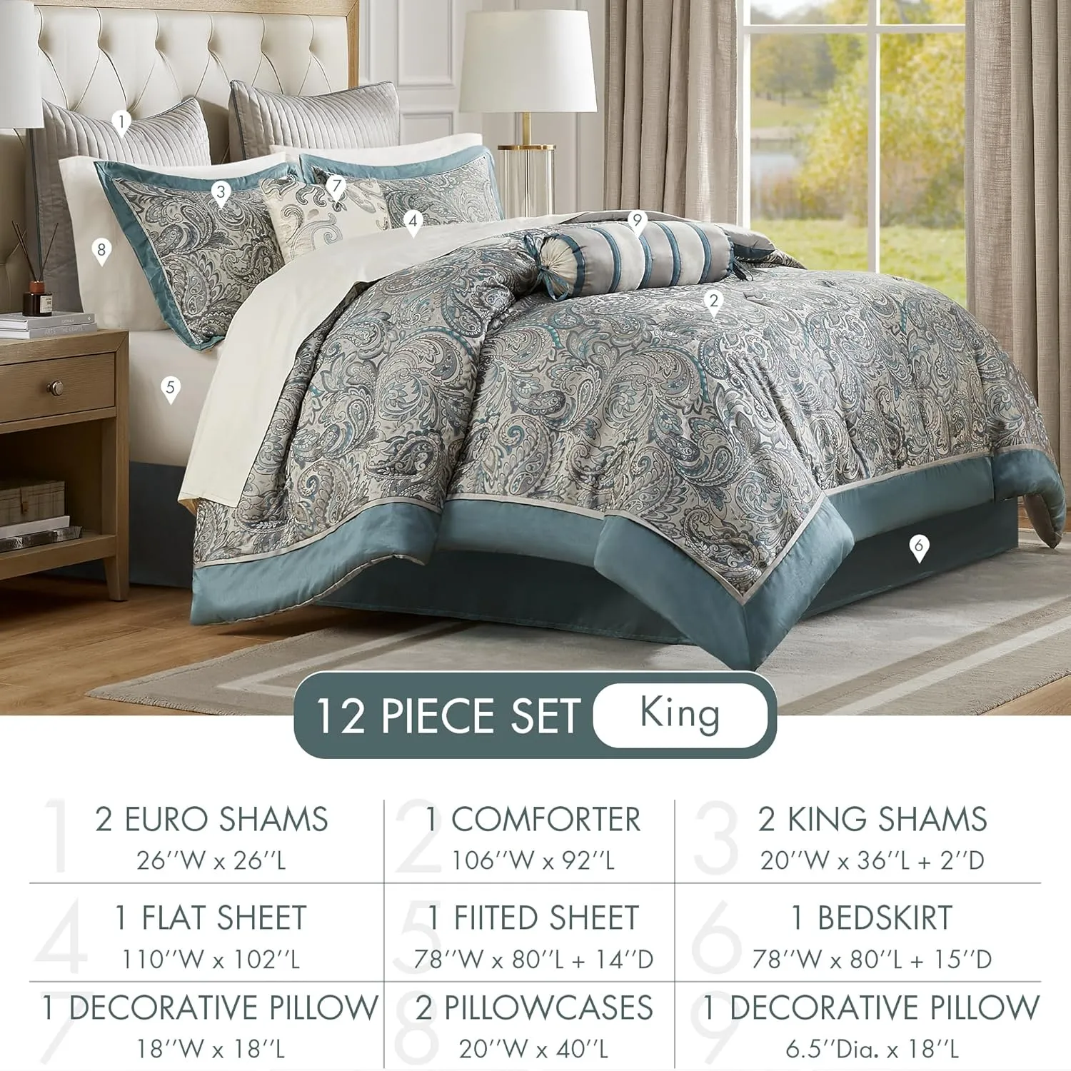 Madison Park Aubrey Cozy 12 Piece Comforter Set & Sheet, Luxe Faux Silk Jacquard Paisley Design - All Season Down Alternative Bedding with Cotton Bed Sheets, Bedskirt, Toss Pillows, King Teal