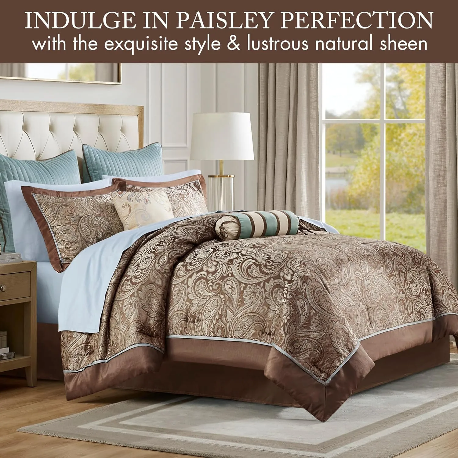 Madison Park Aubrey Cozy Comforter Set, Faux Silk Jacquard Paisley Design - All Season Down Alternative Bedding with Cotton Bed Sheets, Bed Skirt & Toss Pillows, California King Blue 12 Piece
