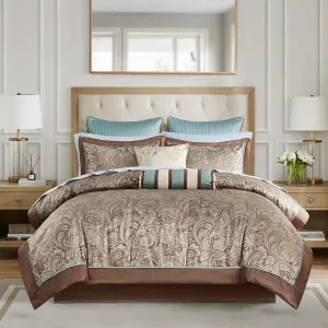 Madison Park Aubrey Cozy Comforter Set, Faux Silk Jacquard Paisley Design - All Season Down Alternative Bedding with Cotton Bed Sheets, Bed Skirt & Toss Pillows, California King Blue 12 Piece