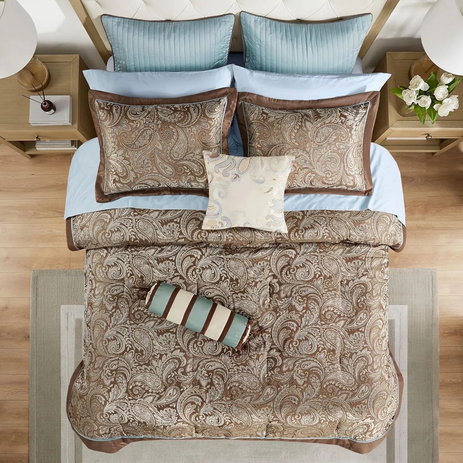 Madison Park Aubrey Cozy Comforter Set, Faux Silk Jacquard Paisley Design - All Season Down Alternative Bedding with Cotton Bed Sheets, Bed Skirt & Toss Pillows, California King Blue 12 Piece