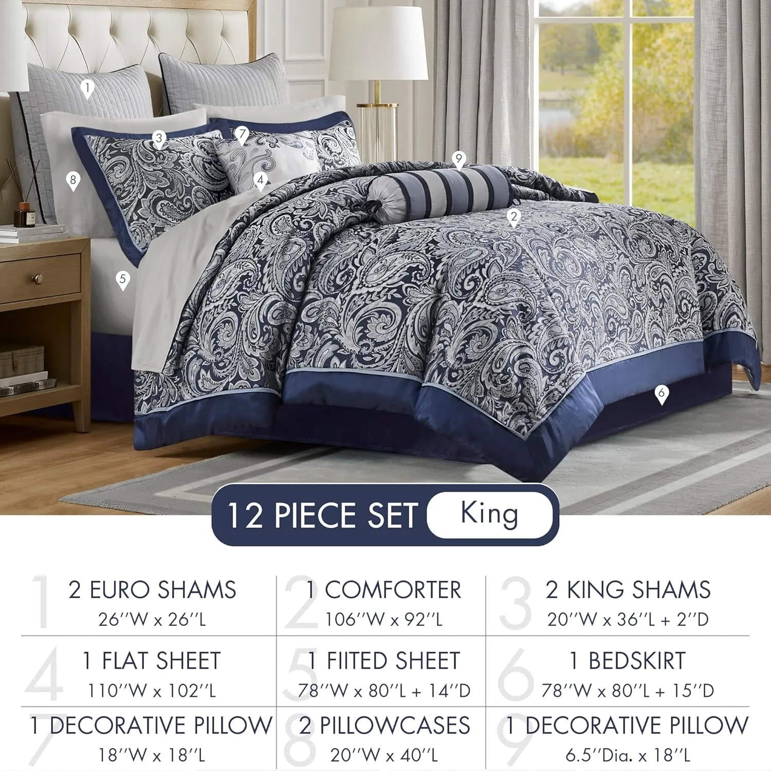 Madison Park Aubrey Cozy Comforter Set, Faux Silk Jacquard Paisley Design - All Season Down Alternative Bedding with Cotton Bed Sheets, Bed Skirt & Toss Pillows, King Navy 12 Piece