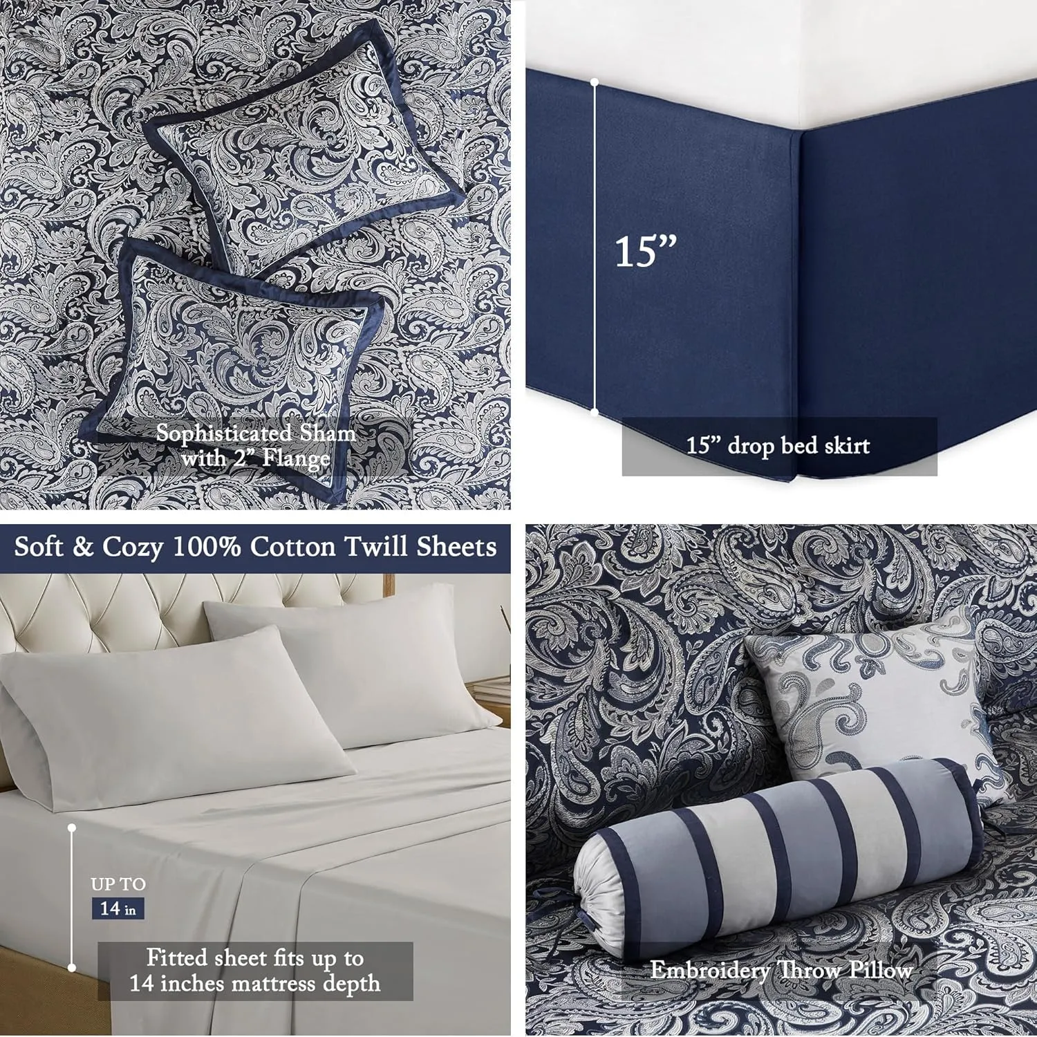 Madison Park Aubrey Cozy Comforter Set, Faux Silk Jacquard Paisley Design - All Season Down Alternative Bedding with Cotton Bed Sheets, Bed Skirt & Toss Pillows, King Navy 12 Piece