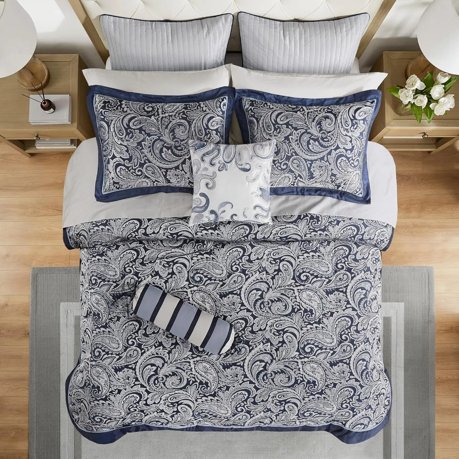 Madison Park Aubrey Cozy Comforter Set, Faux Silk Jacquard Paisley Design - All Season Down Alternative Bedding with Cotton Bed Sheets, Bed Skirt & Toss Pillows, King Navy 12 Piece