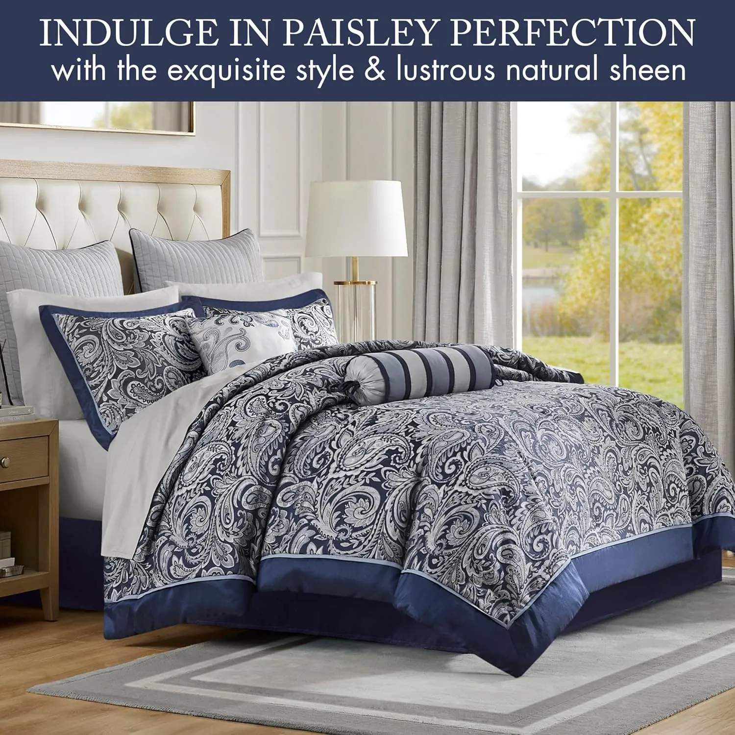 Madison Park Aubrey Cozy Comforter Set, Faux Silk Jacquard Paisley Design - All Season Down Alternative Bedding with Cotton Bed Sheets, Bed Skirt & Toss Pillows, King Navy 12 Piece