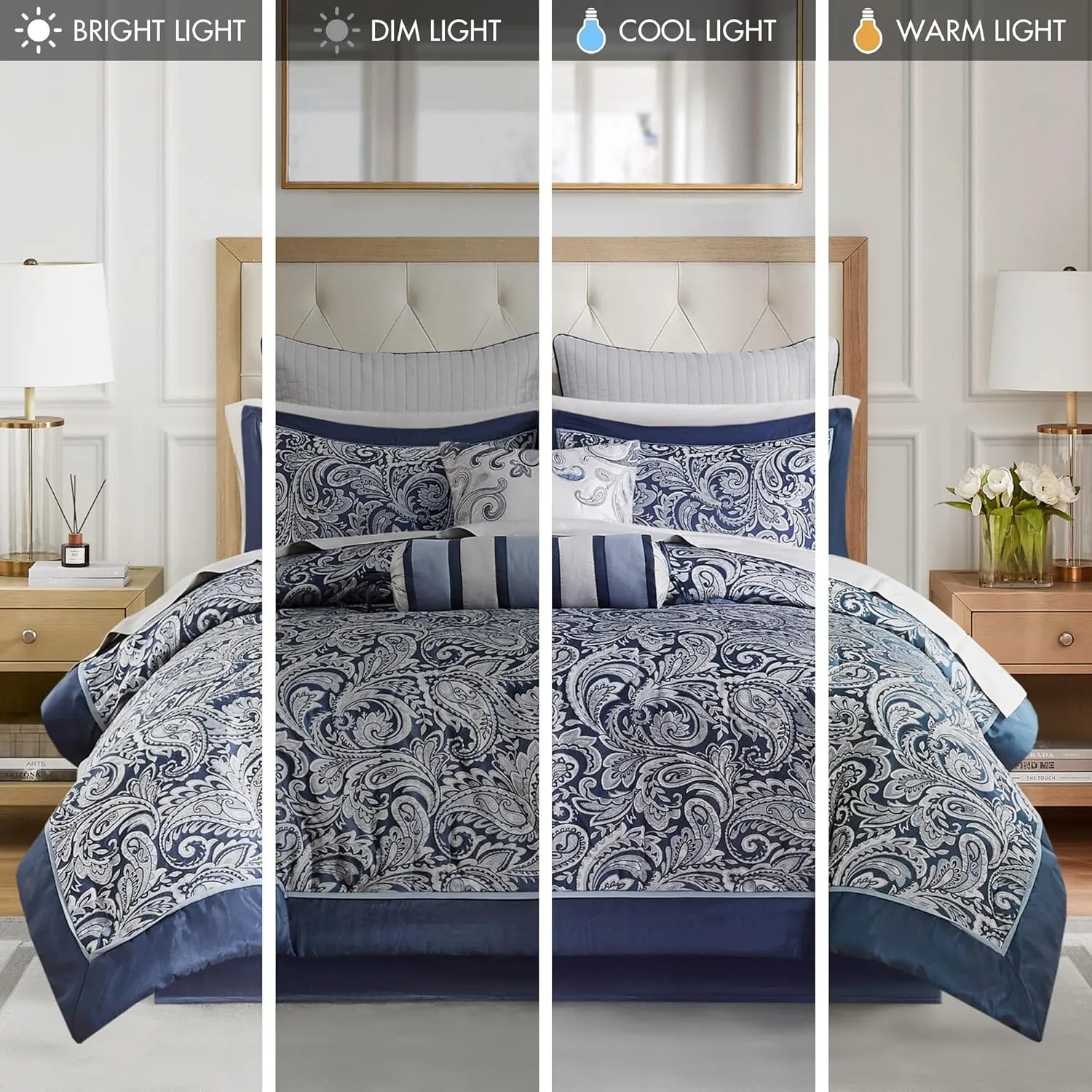 Madison Park Aubrey Cozy Comforter Set, Faux Silk Jacquard Paisley Design - All Season Down Alternative Bedding with Cotton Bed Sheets, Bed Skirt & Toss Pillows, King Navy 12 Piece