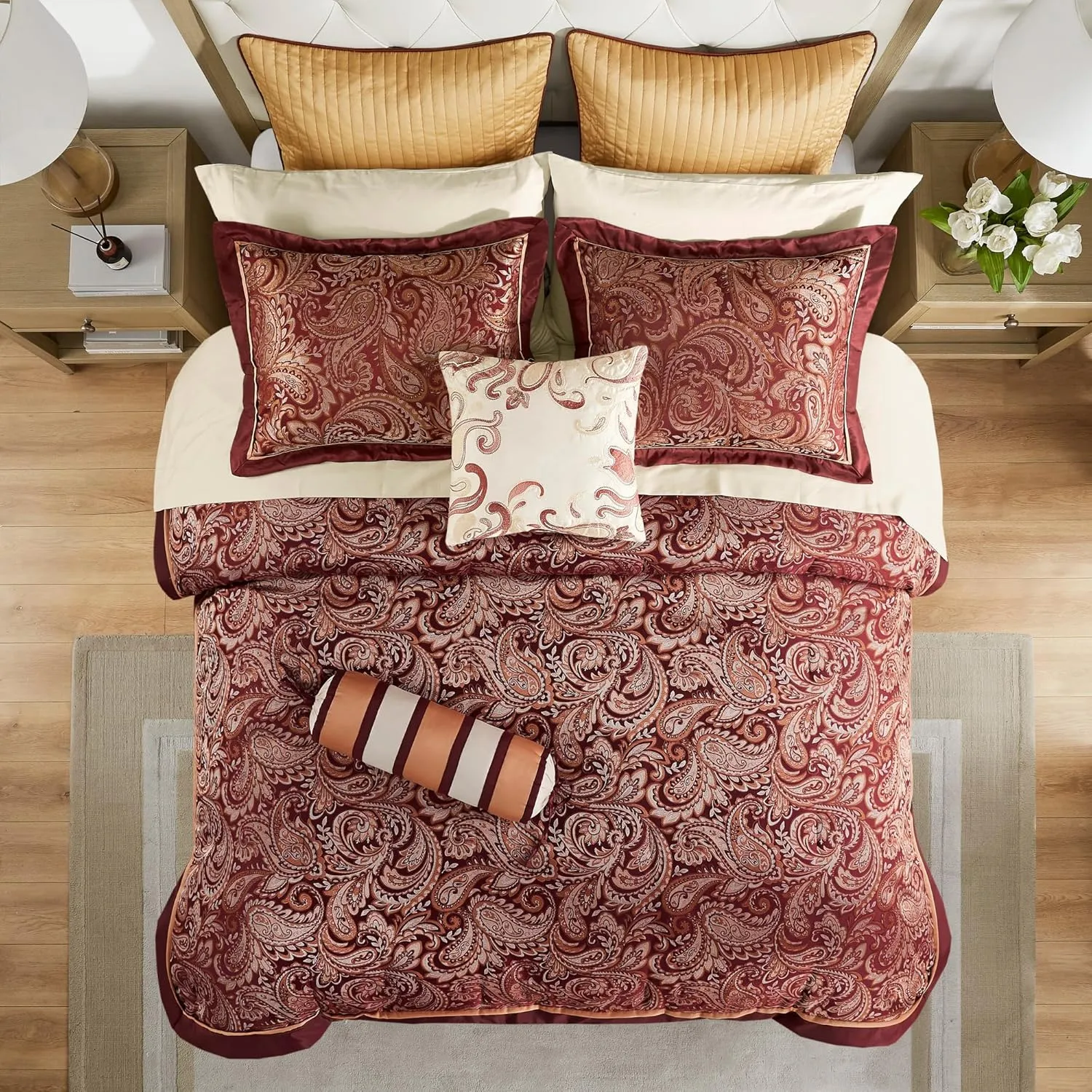 Madison Park Aubrey Cozy Comforter Set, Faux Silk Jacquard Paisley Design - All Season Down Alternative Bedding with Cotton Bed Sheets, Bed Skirt & Toss Pillows, King Red 12 Piece