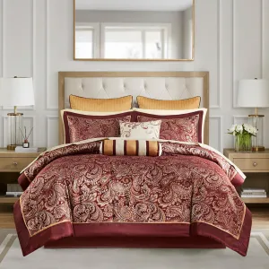 Madison Park Aubrey Cozy Comforter Set, Faux Silk Jacquard Paisley Design - All Season Down Alternative Bedding with Cotton Bed Sheets, Bed Skirt & Toss Pillows, King Red 12 Piece