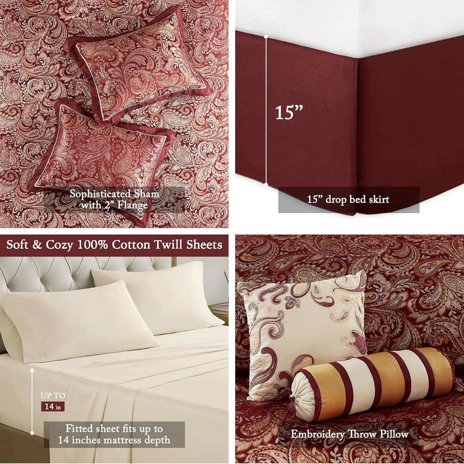 Madison Park Aubrey Cozy Comforter Set, Faux Silk Jacquard Paisley Design - All Season Down Alternative Bedding with Cotton Bed Sheets, Bed Skirt & Toss Pillows, King Red 12 Piece