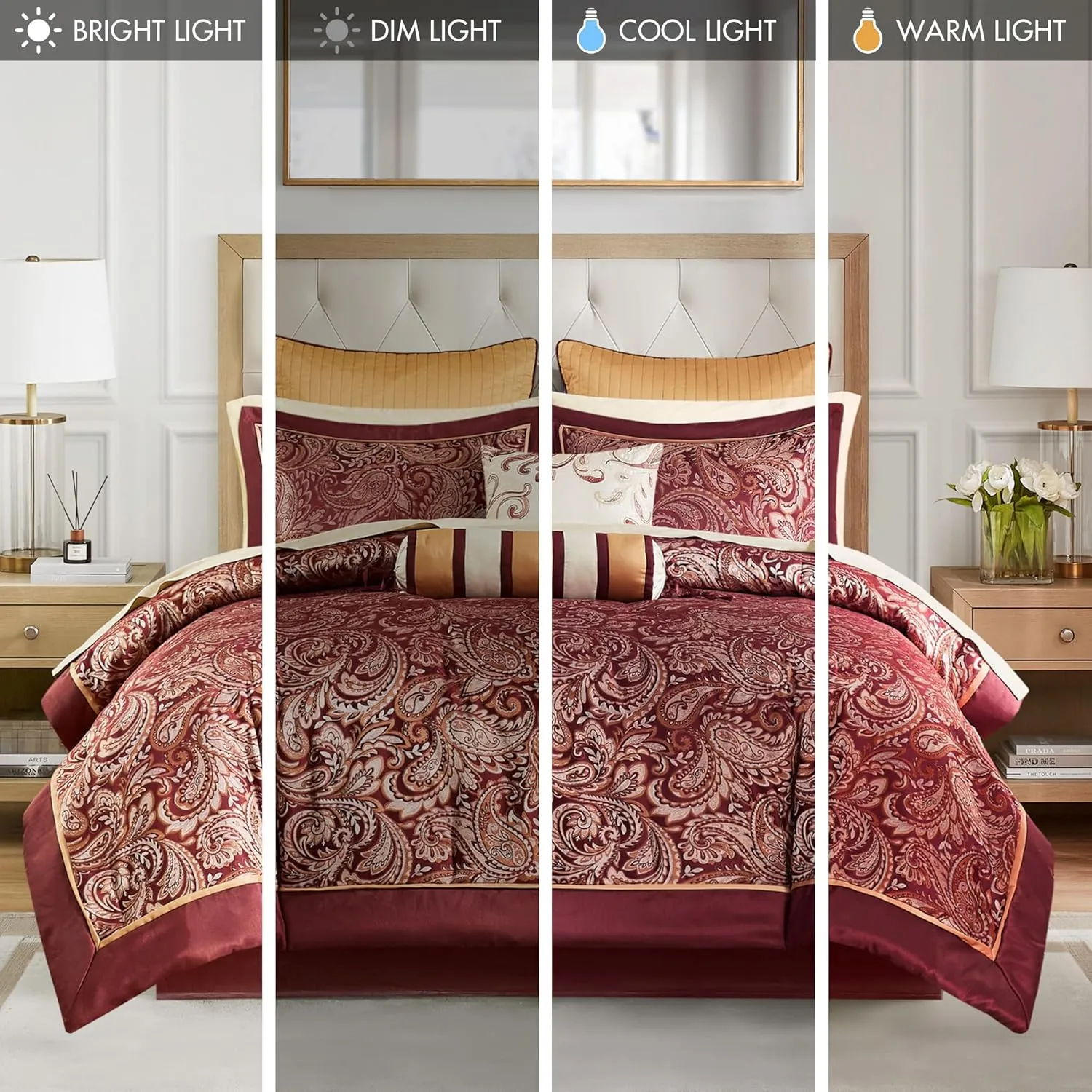 Madison Park Aubrey Cozy Comforter Set, Faux Silk Jacquard Paisley Design - All Season Down Alternative Bedding with Cotton Bed Sheets, Bed Skirt & Toss Pillows, King Red 12 Piece
