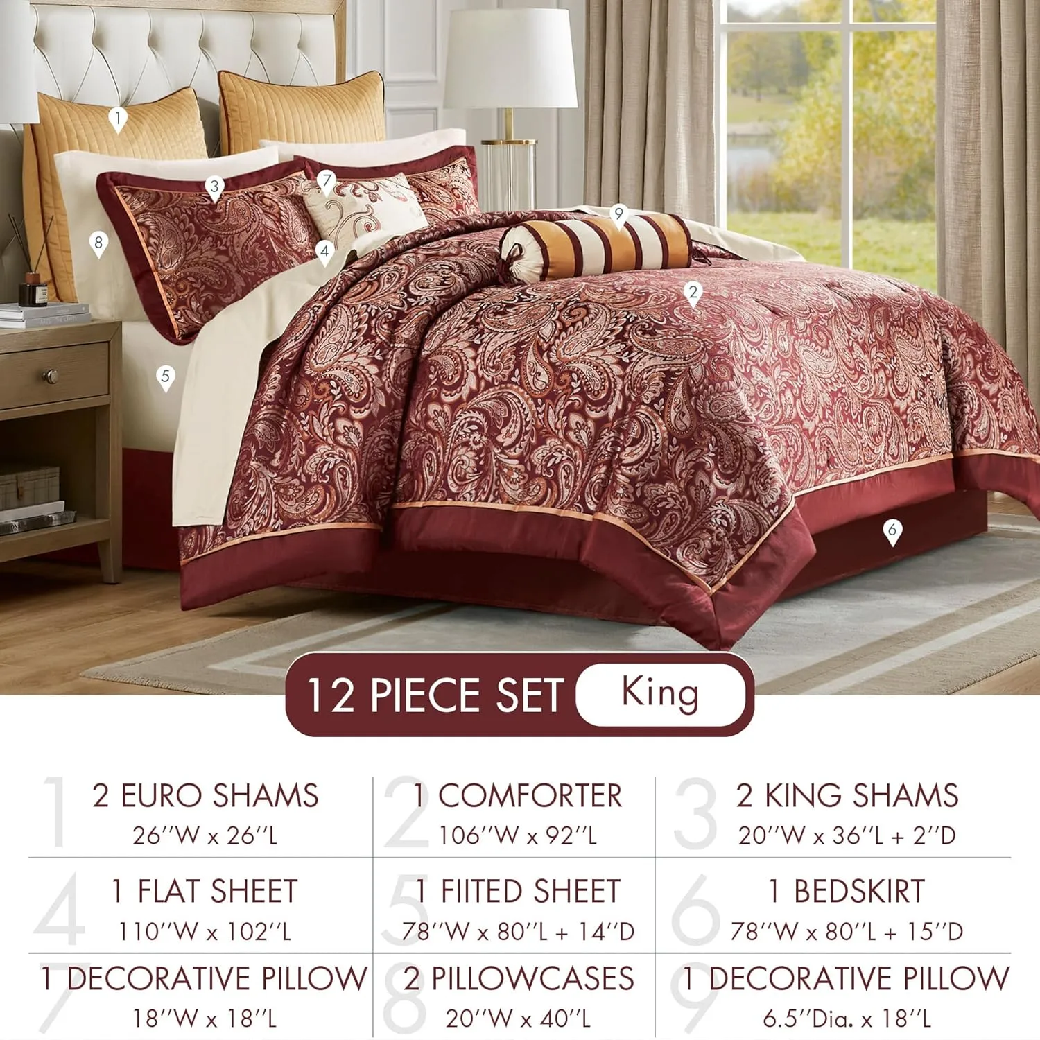 Madison Park Aubrey Cozy Comforter Set, Faux Silk Jacquard Paisley Design - All Season Down Alternative Bedding with Cotton Bed Sheets, Bed Skirt & Toss Pillows, King Red 12 Piece