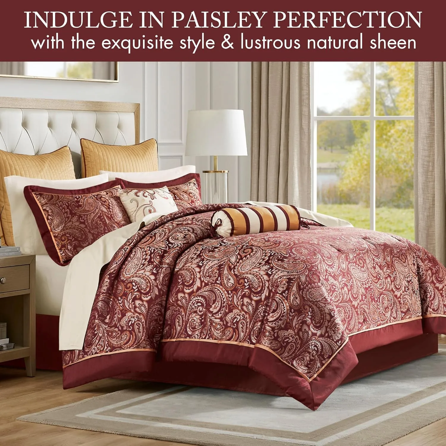 Madison Park Aubrey Cozy Comforter Set, Faux Silk Jacquard Paisley Design - All Season Down Alternative Bedding with Cotton Bed Sheets, Bed Skirt & Toss Pillows, King Red 12 Piece