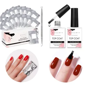 Makartt Gel Top Coat and Nail Poliah Gel Remover Foil Wraps Bundle, No Wipe Top Coat Glossy Shine Finish Long Lasting 10ML, 200pcs Foil Wraps with Larger Cotton Pad 1 pcs Cuticle Pusher