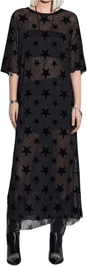 MakeMeChic Women's Star Pattern Mesh Sheer Midi Dress Half Sleeve Round Neck Slit Hem Tee Dresses