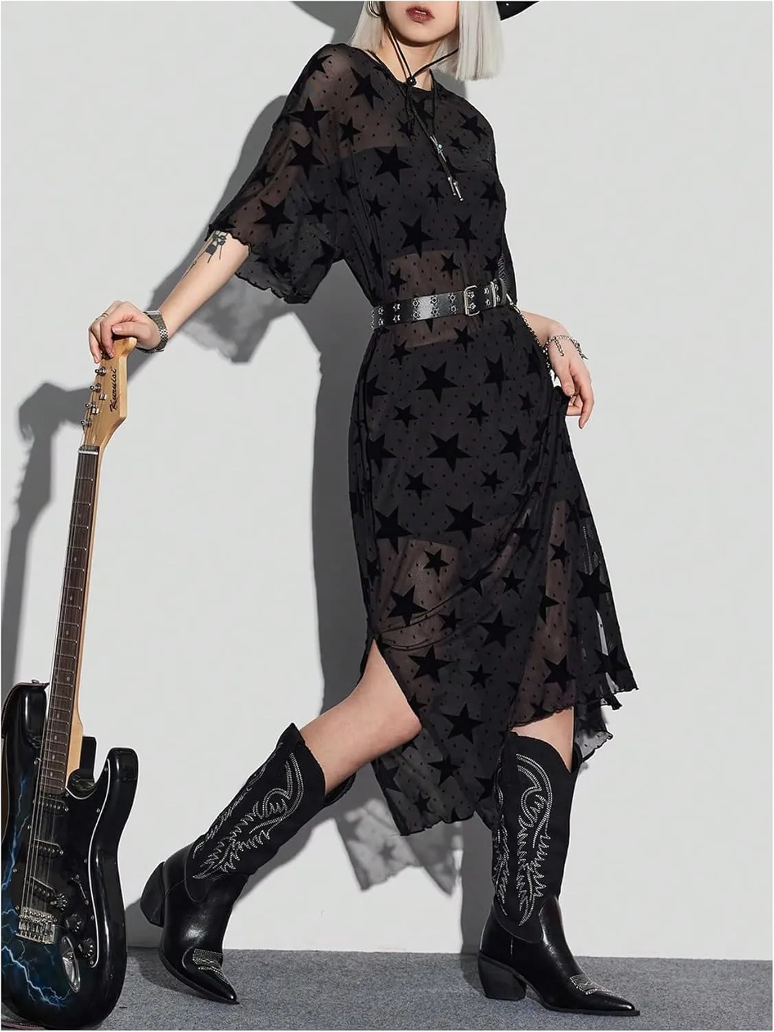 MakeMeChic Women's Star Pattern Mesh Sheer Midi Dress Half Sleeve Round Neck Slit Hem Tee Dresses