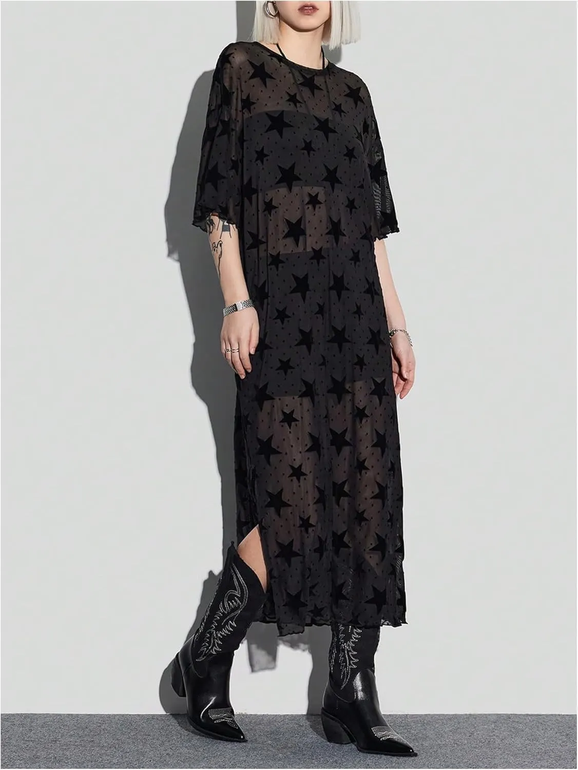 MakeMeChic Women's Star Pattern Mesh Sheer Midi Dress Half Sleeve Round Neck Slit Hem Tee Dresses