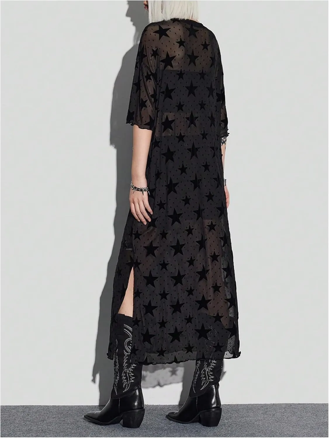 MakeMeChic Women's Star Pattern Mesh Sheer Midi Dress Half Sleeve Round Neck Slit Hem Tee Dresses