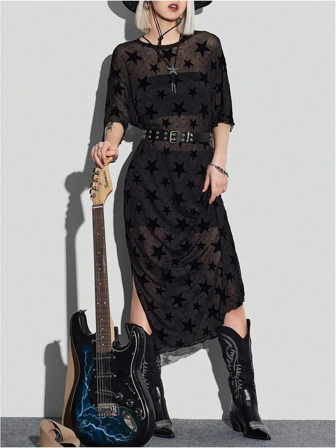 MakeMeChic Women's Star Pattern Mesh Sheer Midi Dress Half Sleeve Round Neck Slit Hem Tee Dresses