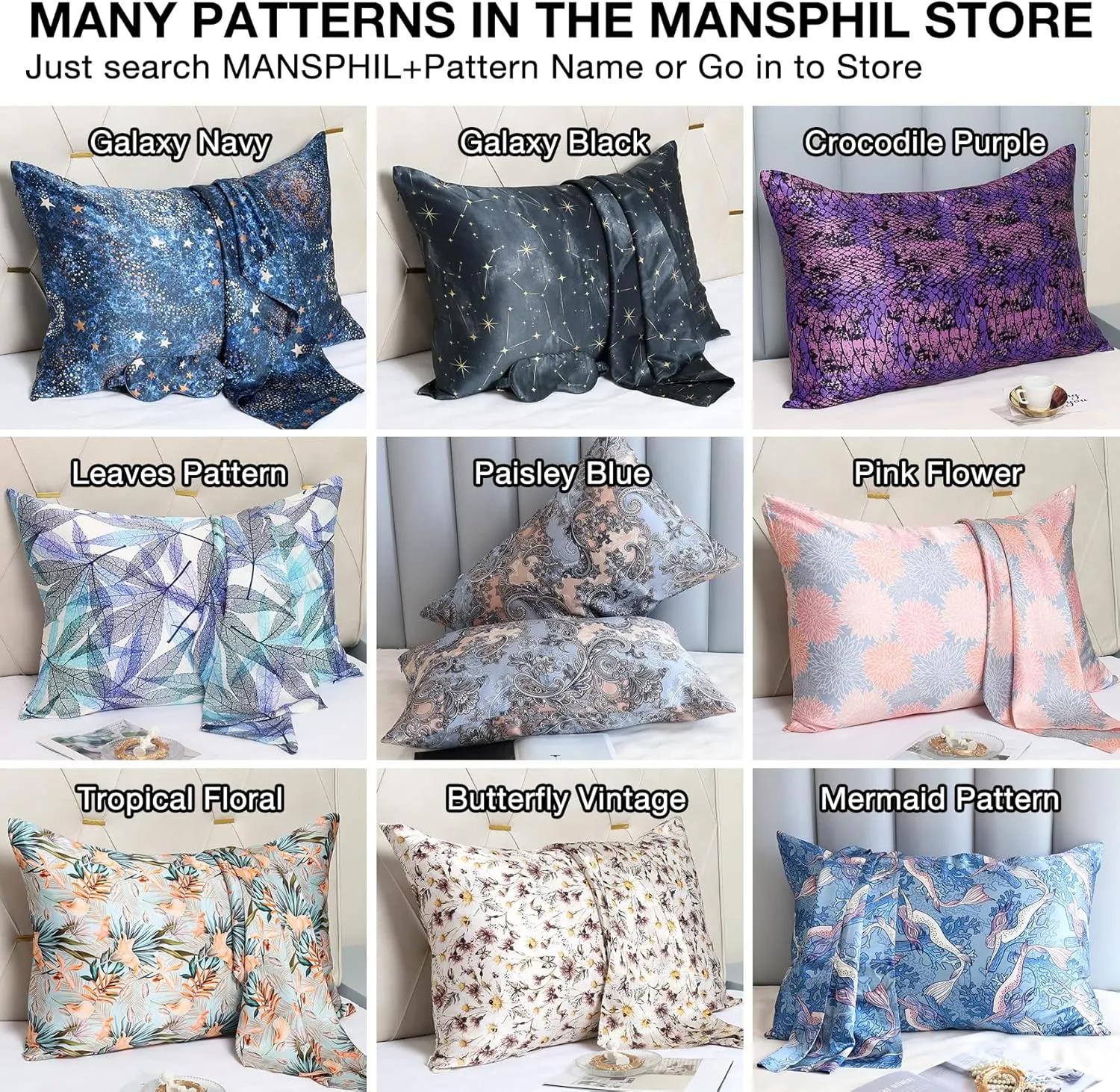 MANSPHIL 22 Momme Silk Paisley Pillowcase, Blue Gray Floral Print, 100% Mulberry Silk Pillow Cases Cover Zipper Closure, Hypoallergenic Beauty Care- Standard Size, 20" x 26"