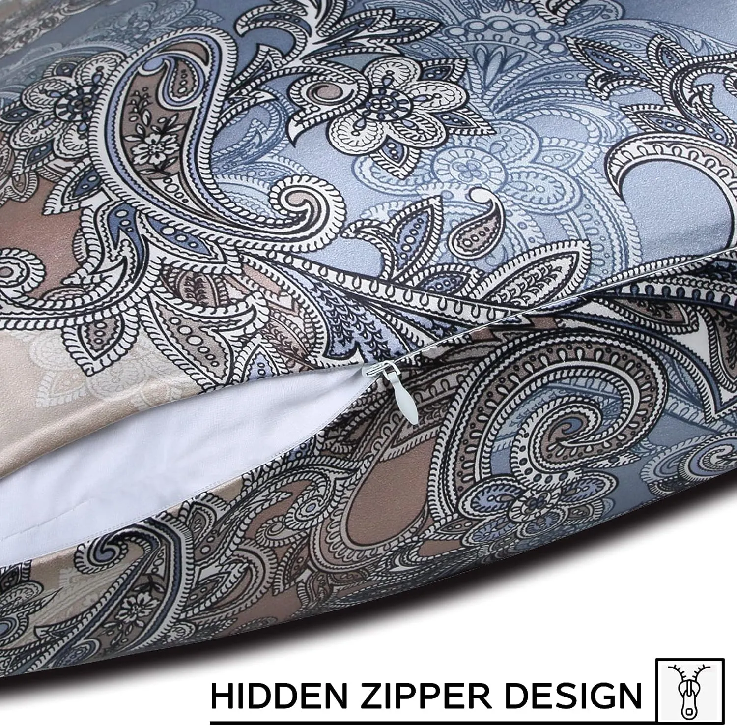 MANSPHIL 22 Momme Silk Paisley Pillowcase, Blue Gray Floral Print, 100% Mulberry Silk Pillow Cases Cover Zipper Closure, Hypoallergenic Beauty Care- Standard Size, 20" x 26"