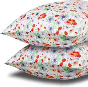MANSPHIL Red White Cute Flowers Silk Pillowcase Standard Size, 22 Momme 100% Mulberry Silk Pillow Cases Cover Zipper Closure, 20"x26"/1 Pack