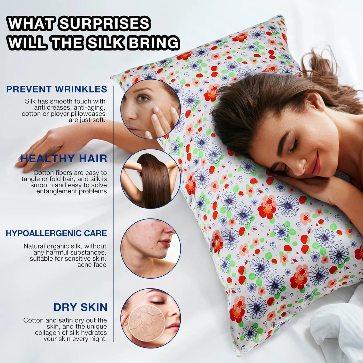 MANSPHIL Red White Cute Flowers Silk Pillowcase Standard Size, 22 Momme 100% Mulberry Silk Pillow Cases Cover Zipper Closure, 20"x26"/1 Pack
