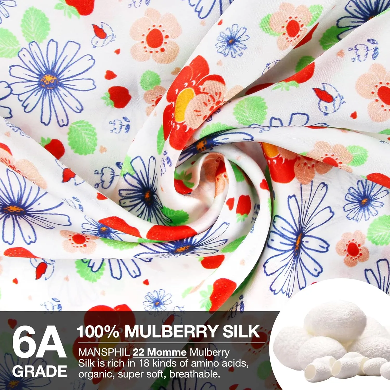 MANSPHIL Red White Cute Flowers Silk Pillowcase Standard Size, 22 Momme 100% Mulberry Silk Pillow Cases Cover Zipper Closure, 20"x26"/1 Pack