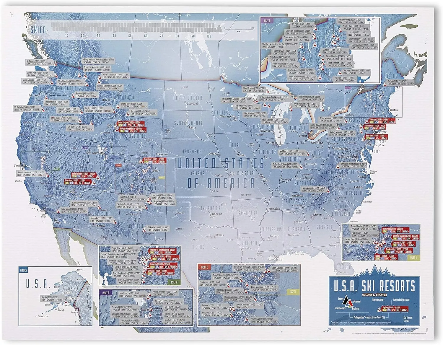 Maps International - Scratch Off USA Map Skiing Print - 17 x 22 inches