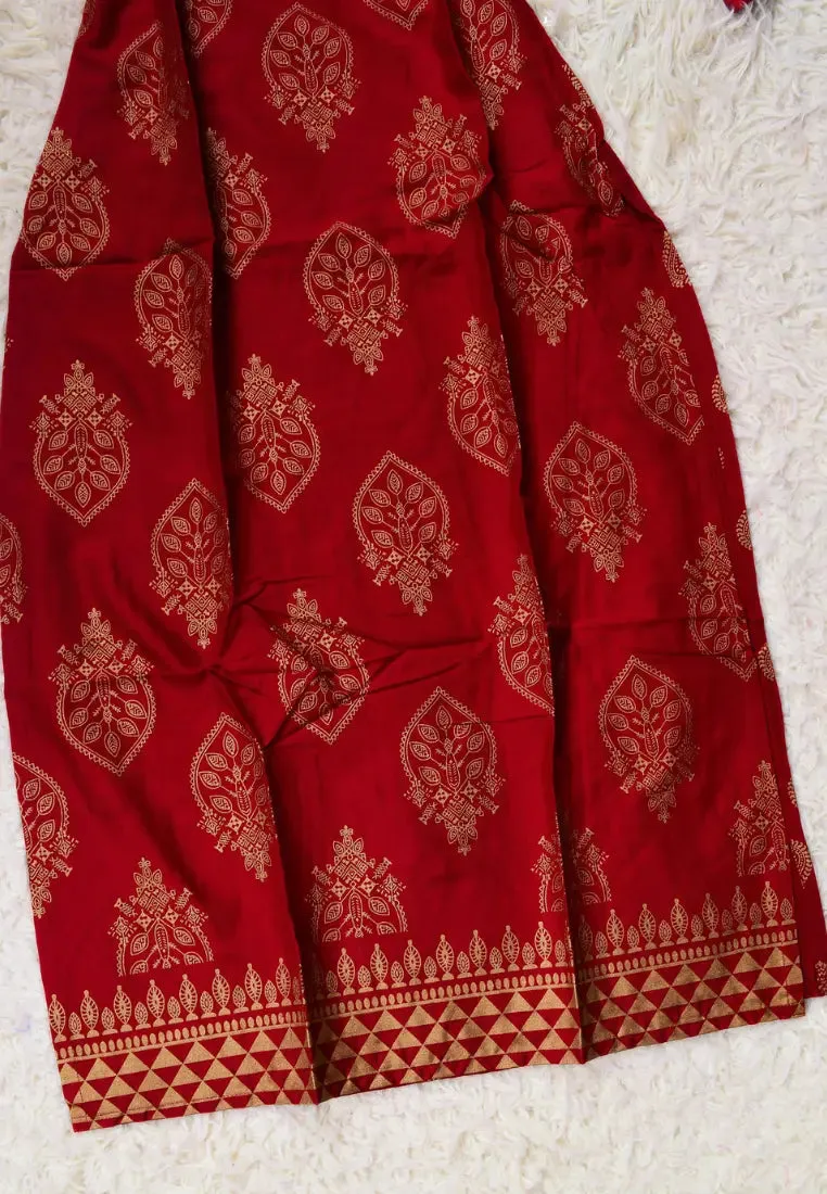 Maroon Cotton Foil-Print Straight-Cut Kurti-Top.