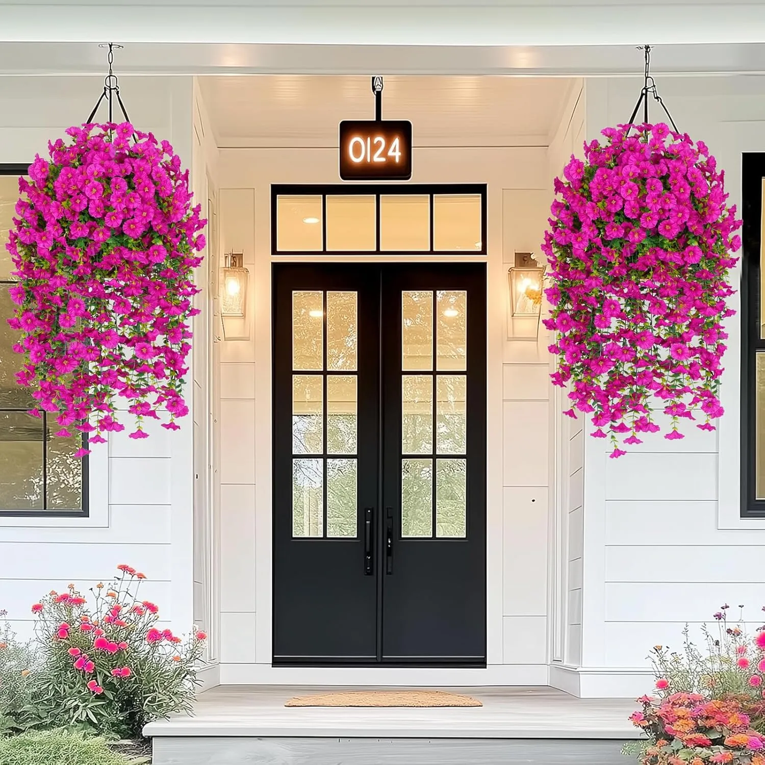 MARTINE MALL 4 Pcs Look Real Artificial Flowers for Outdoors, Realistic Artificial Hanging Flowers for Outdoors, UV Resistant Fake Hanging Plants Silk Petunia Faux Flowers for Porch Patio, Fuchsia