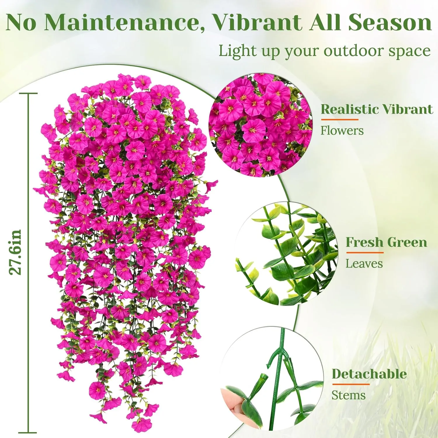 MARTINE MALL 4 Pcs Look Real Artificial Flowers for Outdoors, Realistic Artificial Hanging Flowers for Outdoors, UV Resistant Fake Hanging Plants Silk Petunia Faux Flowers for Porch Patio, Fuchsia