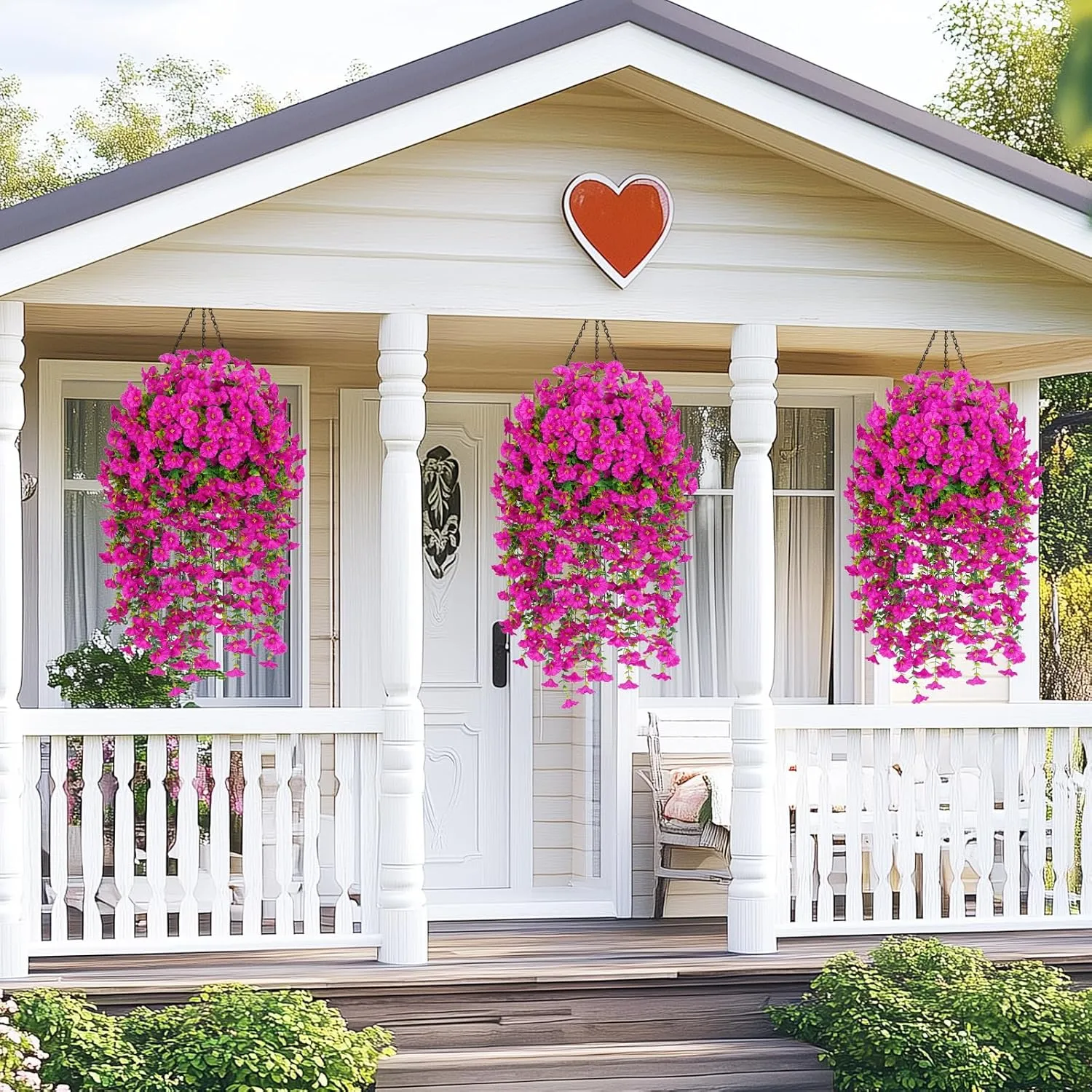 MARTINE MALL 4 Pcs Look Real Artificial Flowers for Outdoors, Realistic Artificial Hanging Flowers for Outdoors, UV Resistant Fake Hanging Plants Silk Petunia Faux Flowers for Porch Patio, Fuchsia