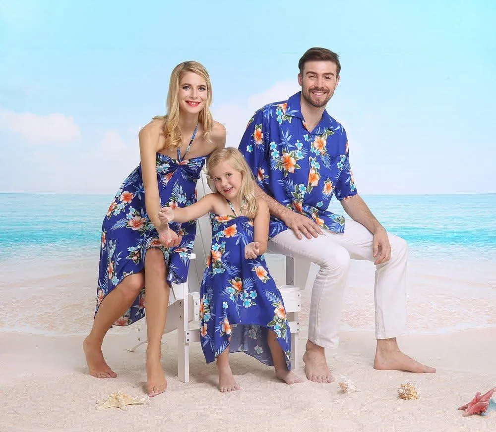 Matching Father Daughter Hawaiian Luau Cruise Outfit Shirt Dress Hibiscus Blue