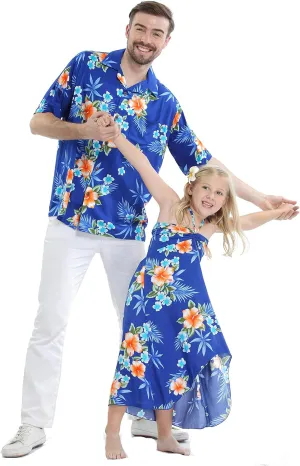 Matching Father Daughter Hawaiian Luau Cruise Outfit Shirt Dress Hibiscus Blue