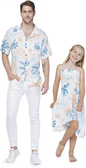 Matching Father Daughter Hawaiian Luau Cruise Outfit Shirt Dress Hibiscus Blue