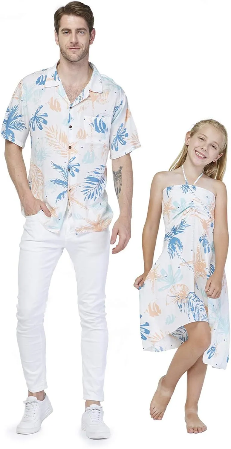 Matching Father Daughter Hawaiian Luau Cruise Outfit Shirt Dress Hibiscus Blue