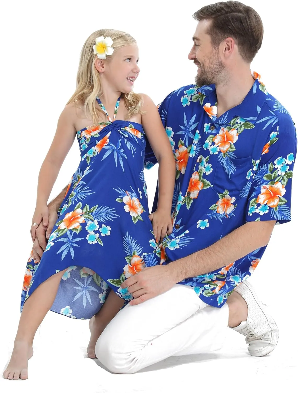 Matching Father Daughter Hawaiian Luau Cruise Outfit Shirt Dress Hibiscus Blue
